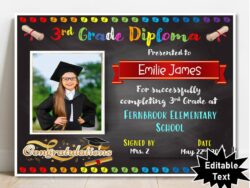 EDITABLE 3rd Grade Certificate/Diploma, Chalkboard - Graduation, Promotion